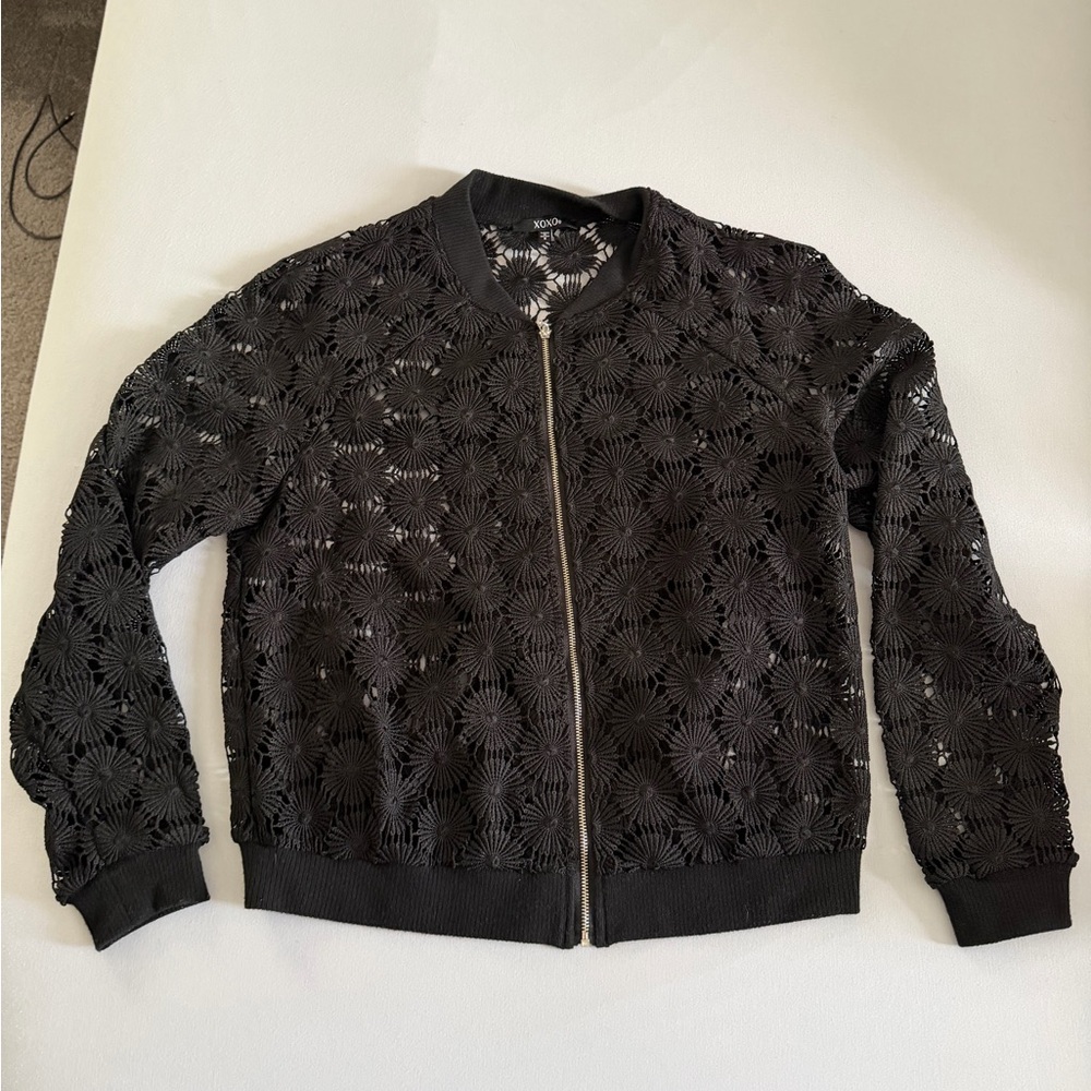 XOXO Black Floral Lace Bomber Jacket